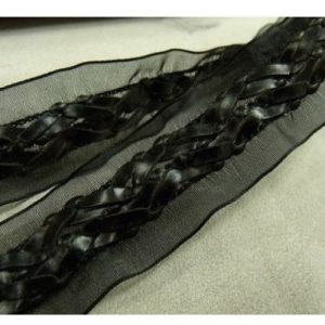 Ruban Simili Cuir / Skai Tressé Sur Organza Noir 25 mm