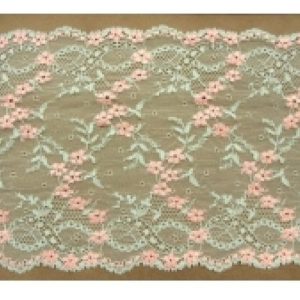 DENTELLE DE CALAIS finement dentelée sur les deux bordures bicolore vert d'eau et rose 18 cm