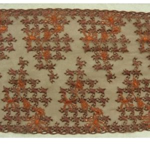 DENTELLE DE CALAIS marron / orange brodée sur tulle 20 cm
