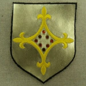 écusson thermocollant blazon or avec strass rouge largeur 7,5cm sur hauteur 9,5cm