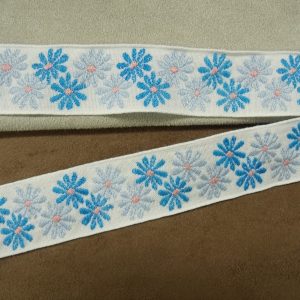 Ruban tissé à fleurs- bleu turquoise et bleu clair
