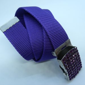 ceinture polyprofene bleu sur boucle en metal argent avec strass violet