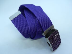 ceinture polyprofene bleu sur boucle en metal argent avec strass violet