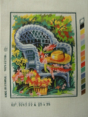 canevas motif ROMANCE CHAISE CHAPEAU ET FLEURS 20x25 cm
