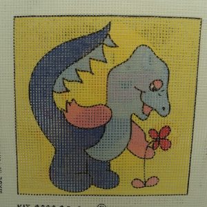 CANEVAS MOTIF DINOSAURE CUEILLIR DES FLEURS 20x20 cm