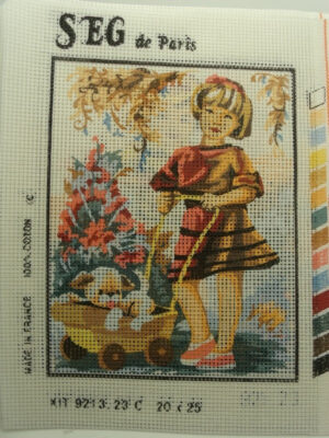canevas motif ROMANCE FILLETTE AVEC SON CHARIOT 20x25 cm