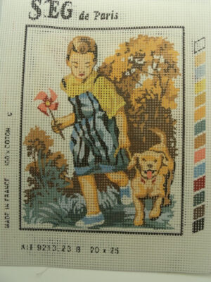 canevas motif ROMANCE PERSONNAGE AVEC SON CHIEN 20x25 cm