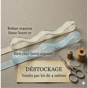 Lot de 4 Mètres de Ruban Organza – Blanc Liseré Or ou Bleu Clair Liseré Argenté – Déstockage
