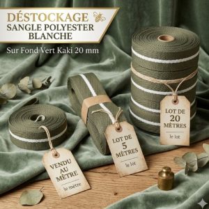 Déstockage Sangle Polyester Blanche sur Fond Vert Kaki 20 mm – Au mètre, lot 5 m ou 20 m