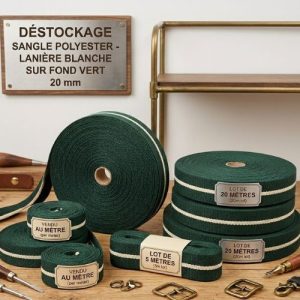 Déstockage Sangle Polyester Lanière Blanche sur Fond Vert 20 mm – Au mètre, lot 5 m ou 20 m