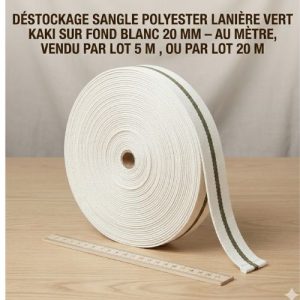 Déstockage Sangle Polyester Lanière Vert Kaki sur Fond Blanc 20 mm – Au mètre, lot 5 m ou 20 m