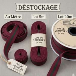 Déstockage Sangle Polyester Lanière Verte sur Fond Bordeaux 20 mm – Au mètre, lot 5 m ou 20 m