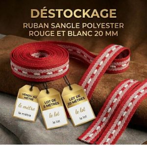 Déstockage Ruban Sangle Polyester Rouge et Blanc 20 mm – Au mètre, lot 5 m ou 20 m