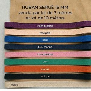 Lot de 3 m ou 10 m Ruban Sergé à Chevrons – 15 mm – Coloris Variés –