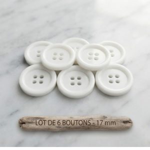 Lot de 6 boutons en acrylique blancs à 4 trous – 17 mm