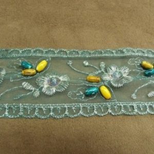 Ruban Organza Brodé Perlé Et Pailleté à Fleurs Bleu Turquoise 50 mm