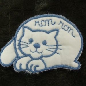 écusson à coudre,motif: CHAT RON RON, bleu foncé, largeur 5,5 cm sur hauteur 4,5 cm