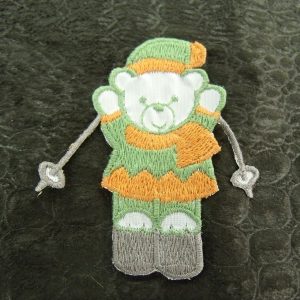 écusson à coudre- motif: NOUNOURS SKI- orange gris et vert au visage blanc