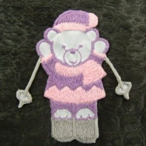 écusson à coudre- motif: NOUNOURS SKI- rose violet et gris au visage blanc ,largeur 3,5 cm sur hauteur 6 cm