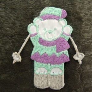 écusson à coudre- - motif: NOUNOURS SKI- vert violet gris - au visage blanc ,largeur 3,5 cm sur hauteur 6cm