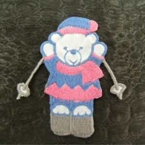 écusson à coudre- motif: NOUNOURS SKI- rose bleu et gris au visage blanc ,largeur 3,5 cm sur hauteur 6cm