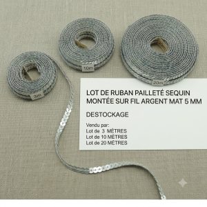 DESTOCKAGE : Ruban Pailleté à Sequins Argent Mat – 5 mm – Montage sur fil – Lots 3m, 10m ou 20m