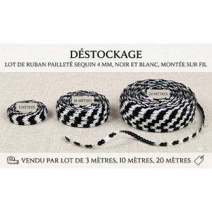 DESTOCKAGE : Ruban Pailleté à Sequins Noir et Blanc – 4 mm – Montage sur fil – Lots 3m, 10m ou 20m