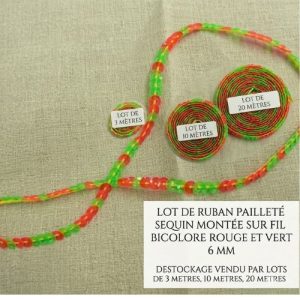 DESTOCKAGE : Ruban Pailleté à Sequins Rouge et Vert – 6 mm – Montage sur fil – Lots 3m, 10m ou 20m
