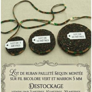 DESTOCKAGE : Ruban Pailleté à Sequins Vert et Marron – 5 mm – Montage sur fil – Lots 3m, 10m ou 20m