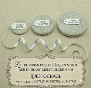 DESTOCKAGE : Ruban Pailleté à Sequins Blanc Multicolore – 5 mm – Montage sur fil – Lots 3m, 10m ou 20m