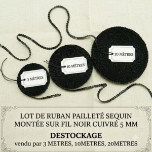 DESTOCKAGE : Ruban Pailleté à Sequins Noir Cuivré – 5 mm – Montage sur fil – Lots 3m, 10m ou 20m