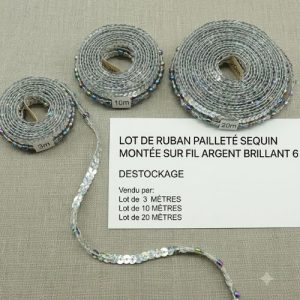 DESTOCKAGE : Ruban Pailleté à Sequins Argent Brillant – 6 mm – Montage sur fil – Lots 3m, 10m ou 20m