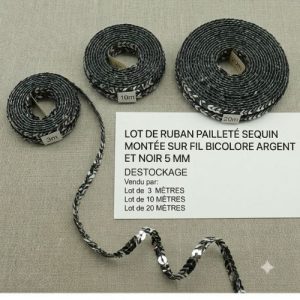 Ruban Pailleté à Sequins Bicolore Argent et Noir – 5 mm – Montage sur fil – Lots 3m, 10m ou 20m