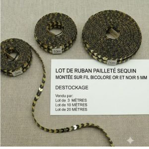 DESTOCKAGE : Ruban Pailleté à Sequins Bicolore Or et Noir – 5 mm – Montage sur fil – Lots 3m, 10m ou 20m