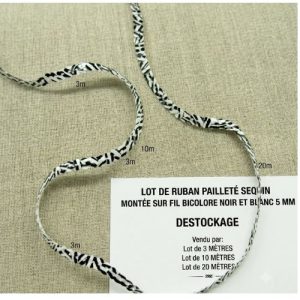DESTOCKAGE : Ruban Pailleté à Sequins Bicolore Noir et Blanc – 5 mm – Montage sur fil – Lots 3m, 10m ou 20m