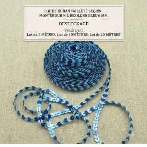 DESTOCKAGE : Ruban Pailleté à Sequins Bicolore Bleu – 6 mm – Montage sur fil – Lots 3m, 10m ou 20m