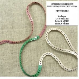 DESTOCKAGE : Ruban Pailleté à Sequins Multicolore Vert et Rose – 5 mm – Montage sur fil – Lots 3m, 10m ou 20m