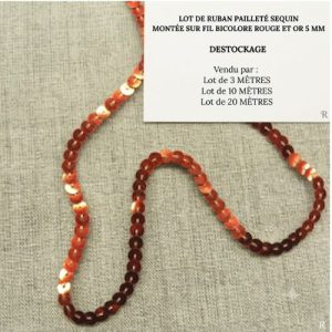 DESTOCKAGE : Ruban Pailleté à Sequins Bicolore Rouge et Or – 5 mm – Montage sur fil – Lots 3m, 10m ou 20m