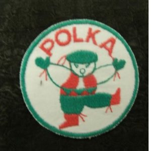 écusson thermocollant- motif DANSEUR POLKA- vert et rose sur fond blanc ,5,5 cm