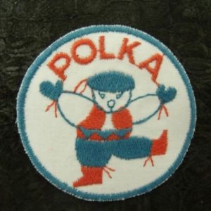 écusson thermocollant motif DANSEUR POLKA bleu et rose sur fond blanc 5,5 cm