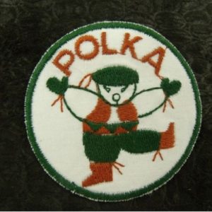 écusson thermocollant motif DANSEUR POLKA orange et vert sur fond blanc 5,5 cm