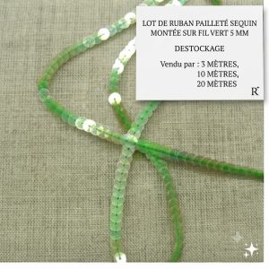DESTOCKAGE : Galon à Sequins Vert Frais – Montage sur fil vert – 5 mm – Lots 3m, 10m ou 20m