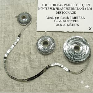 DESTOCKAGE : Galon à Sequins Argent Brillant – Montage sur fil – 6 mm – Lots 3m, 10m ou 20m