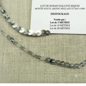 DESTOCKAGE : Ruban à Sequins Argent Brillant et Mat – Montage sur fil – 6 mm – Lots 3m, 10m ou 20m