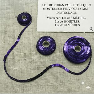 DESTOCKAGE : Galon à Sequins Violet Profond – Montage fil Violet – 5 mm – Lots 3m, 10m ou 20m