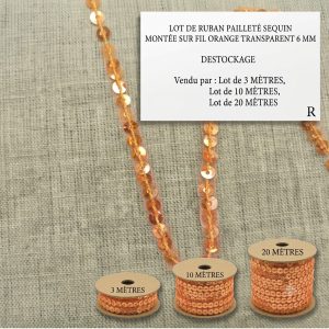 lot de Ruban pailleté sequin montée sur fil Orange transparent 6 mm