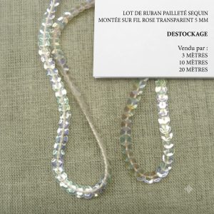 DESTOCKAGE : Galon à Sequins Transparent – Montage fil Rose – 5 mm – Lots 3m, 10m ou 20m