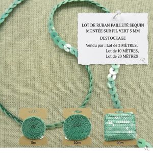 DESTOCKAGE : Galon à Sequins Vert – Montage sur fil – 5 mm – Lots 3m, 10m ou 20m