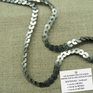 DESTOCKAGE : Galon à Sequins Gris Anthracite – Montage sur fil – 6 mm – Lots 3m, 10m ou 20m