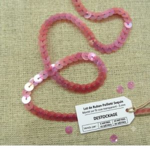 DESTOCKAGE : Galon Sequins Rose Transparent – Effet cristal – 5 mm – Lots 3m, 10m ou 20m